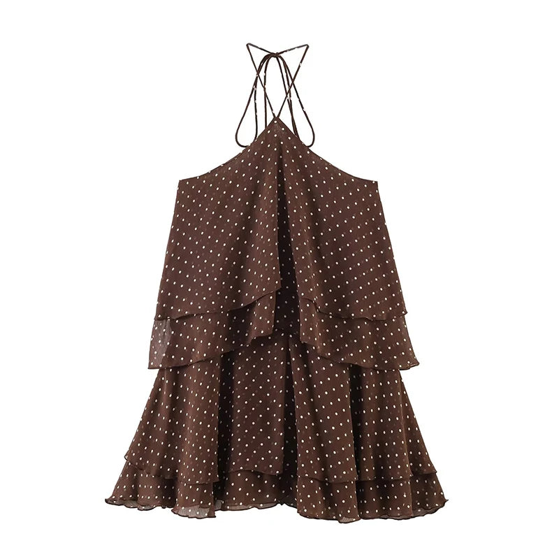 Vestido corto gasa marron lunares espalda descubierta cuello halter foto de estudio mujer