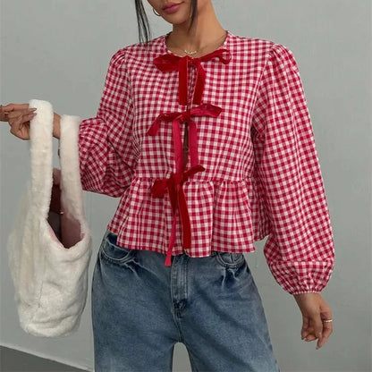 Blusa de Cuadros Vichy para Mujer | Manga Farol con Lazos