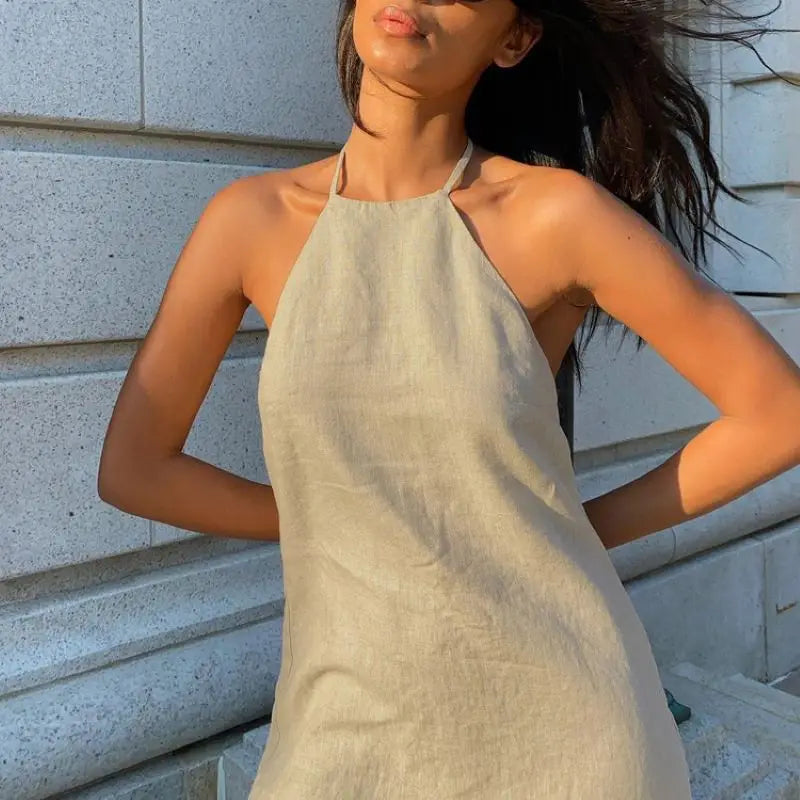 Vestido Corto de Lino Halter para Mujer | Vestido de Verano Espalda Descubierta