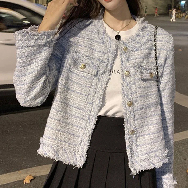 Chaqueta Tweed con Flecos para Mujer | Chaqueta Corta con Botones Dorados