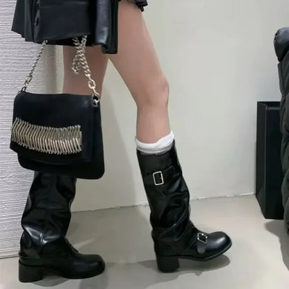 Botas Altas Moteras para Mujer | Botas Fruncidas con Hebillas y Tacón Ancho
