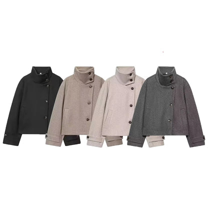 Abrigo Corto de Cuello Alto para Mujer | Chaquetón Efecto Paño con Botones Asimétricos