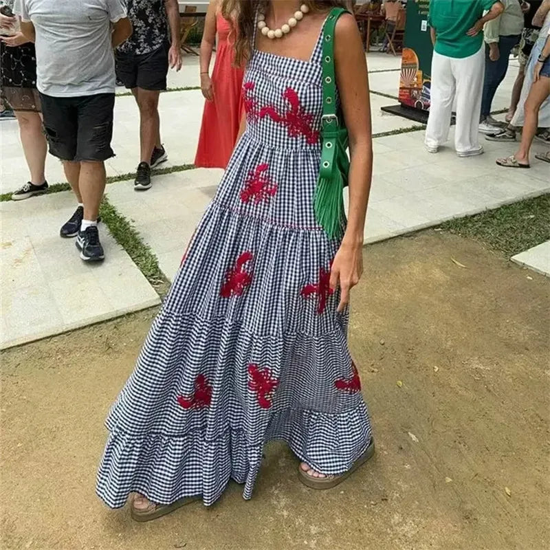 Vestido Largo de Verano para Mujer | Tirantes y Estampado de Cuadros, Bajo con Volante