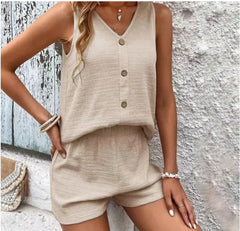 Conjunto de Dos Piezas para Mujer | Chaleco con Botones y Short de Cintura Alta