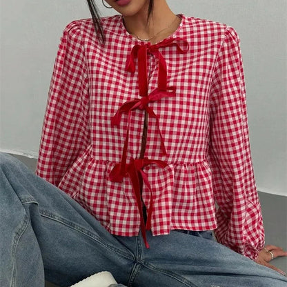 Blusa de Cuadros Vichy para Mujer | Manga Farol con Lazos