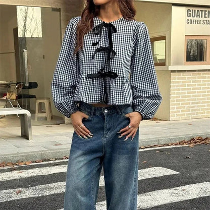 Blusa de Cuadros Vichy para Mujer | Manga Farol con Lazos