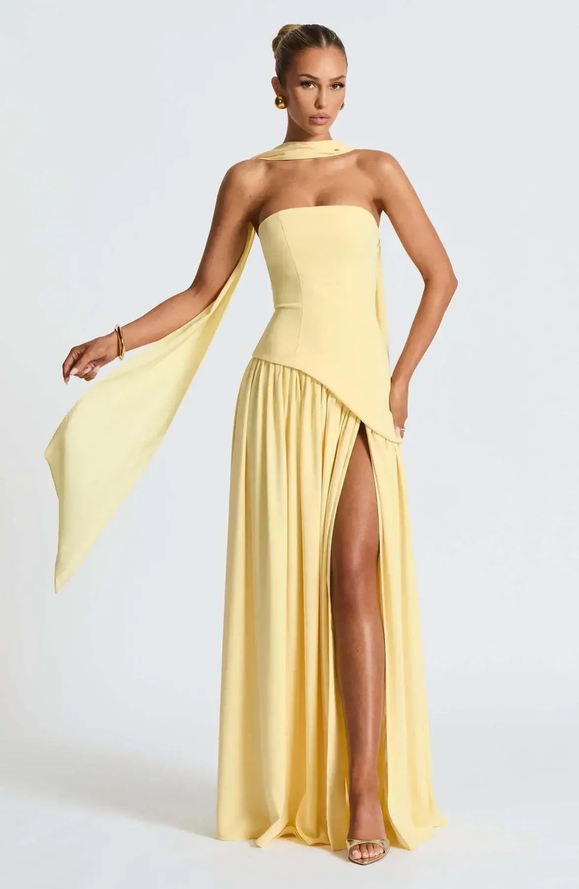 Vestido Largo Palabra de Honor para Mujer | Maxi Plisado de Verano con Abertura