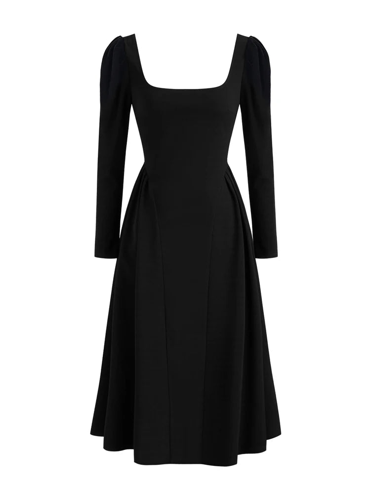 Vestido de Punto Negro Cuello Cuadrado para Mujer | Manga Larga