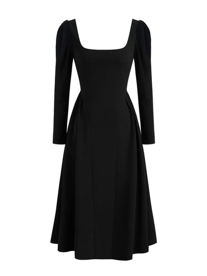 Vestido de Punto Negro Cuello Cuadrado para Mujer | Manga Larga