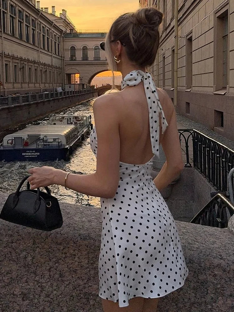 Vestido Corto de Lunares con Escote Halter para Mujer | Vestido de Verano Aesthetic de Cintura Alta