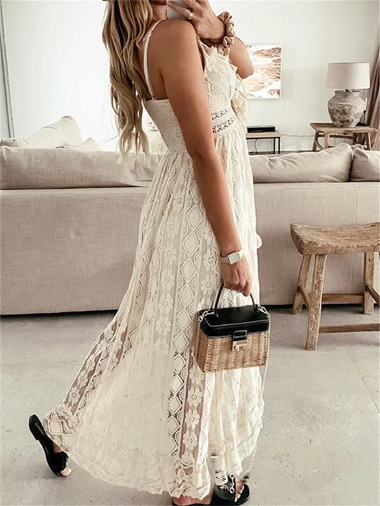 Vestido Largo de Encaje para Mujer | Maxi Boho de Verano sin Mangas con Volantes