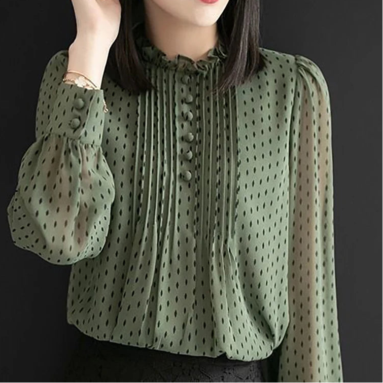 Blusa de Gasa de Plumeti para Mujer | Cuello Alto con Lunares en Relieve