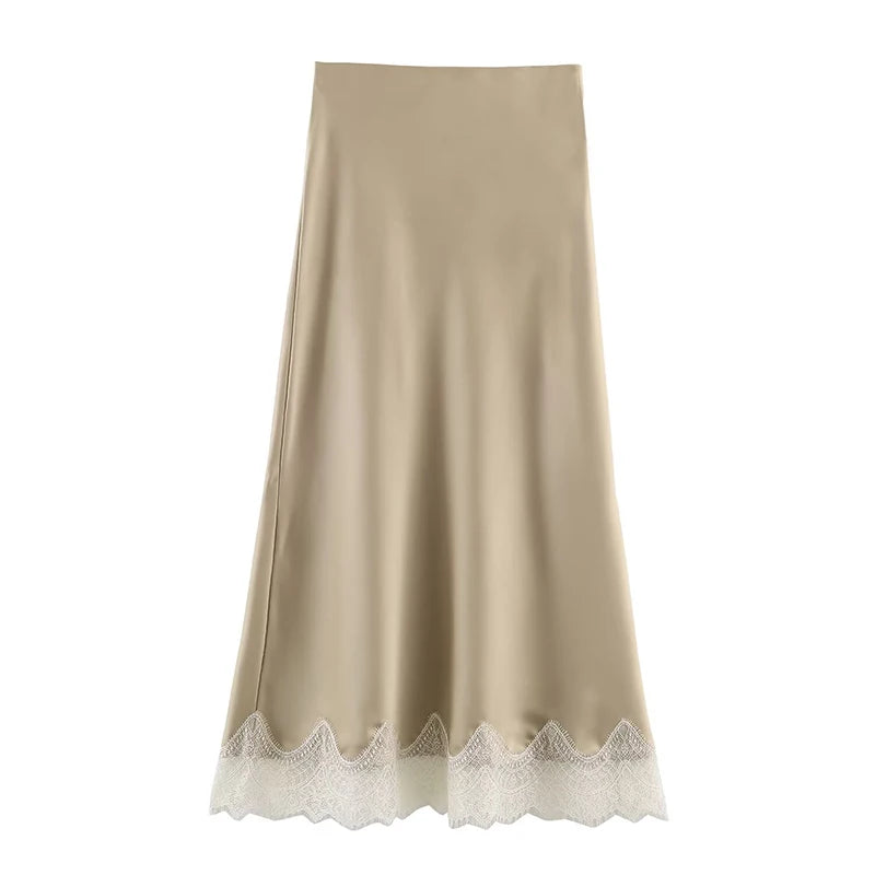 Falda Midi Plisada con Encaje para Mujer | Cintura Alta