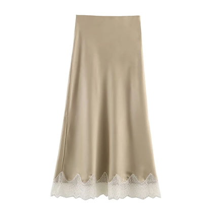 Falda Midi Plisada con Encaje para Mujer | Cintura Alta
