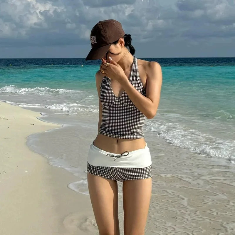 Bañador de Dos Piezas para Mujer | Top Halter y Short de Cuadros Vichy de Cintura Alta