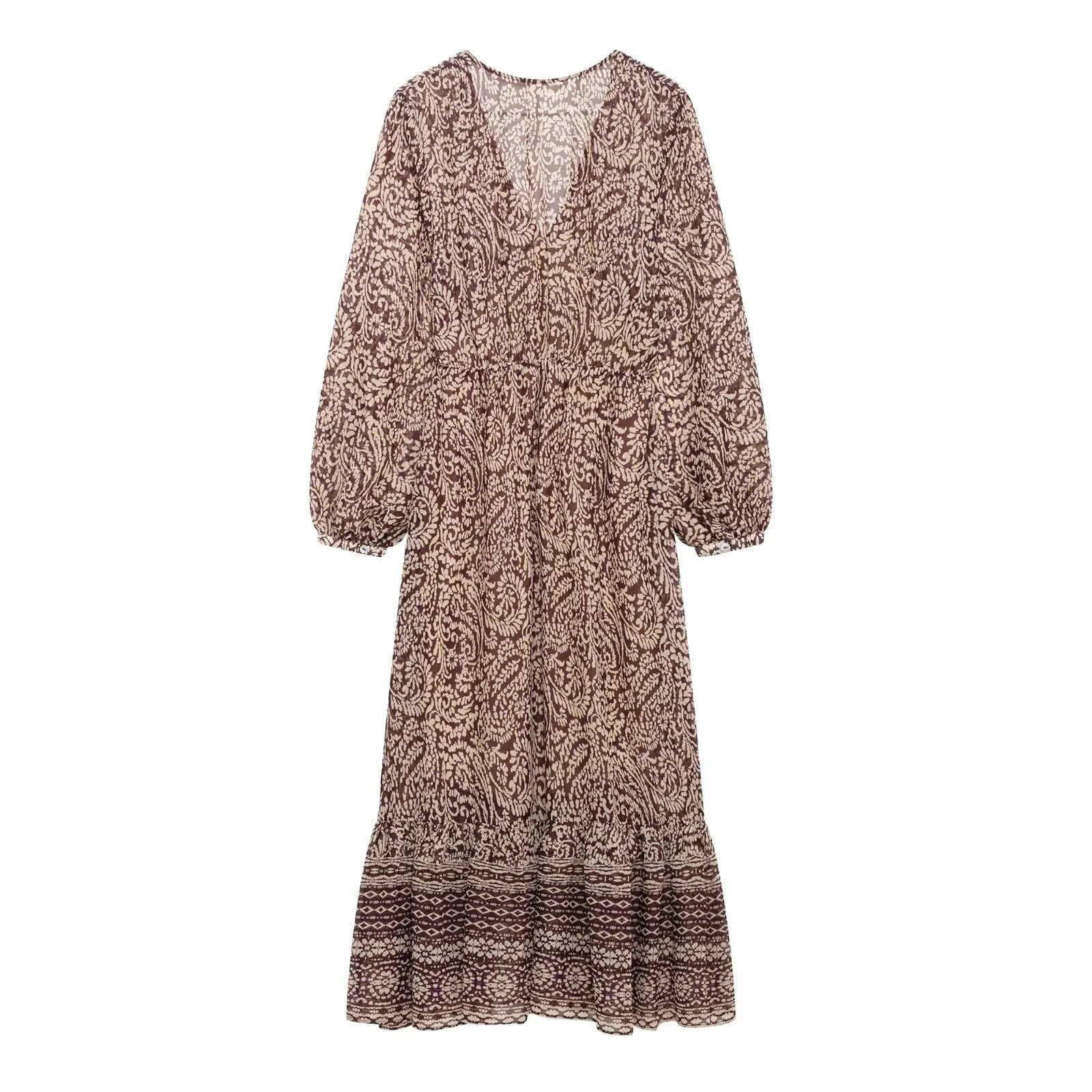 Vestido Midi Estampado para Mujer | Vestido Vintage de Manga Larga y Escote en V