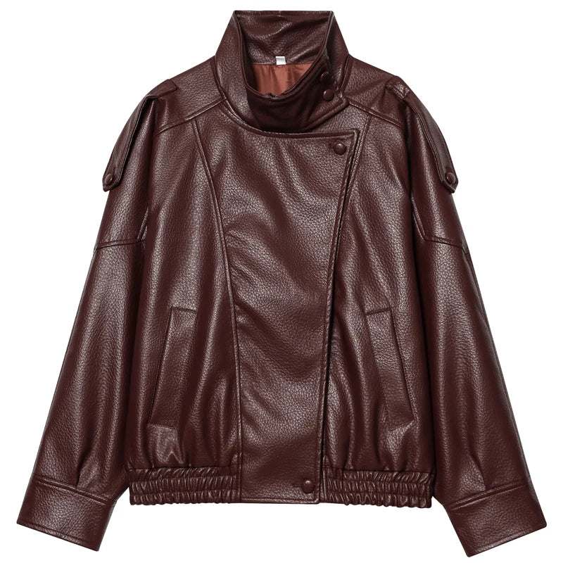Chaqueta de Piel Sintética Oversize para Mujer | Bomber Motero de Cuello Alto