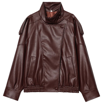 Chaqueta de Piel Sintética Oversize para Mujer | Bomber Motero de Cuello Alto