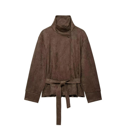 Chaqueta de Antelina para Mujer | Chaqueta Efecto Ante con Cuello Alto y Cinturón