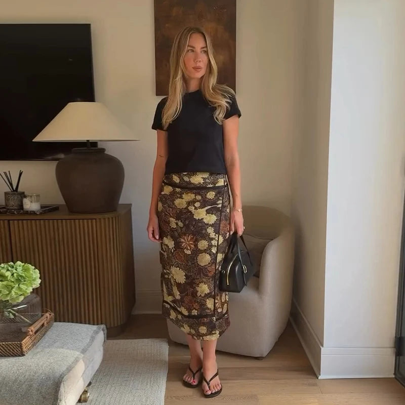 Falda Midi Cruzada para Mujer | Estampado Floral en Tonos Tierra