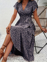 Vestido Largo Floral Cruzado para Mujer | Wrap de Manga Corta con Volante y Escote V