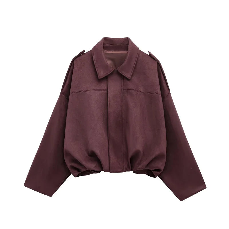 Chaqueta Bomber de Ante Sintético para Mujer | Oversize con Cuello Solapa