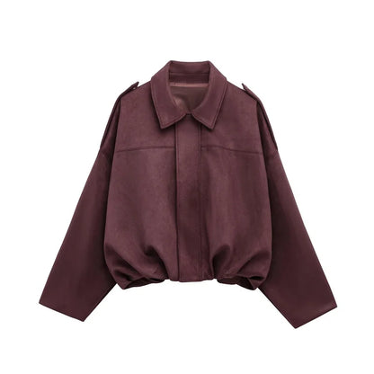 Chaqueta Bomber de Ante Sintético para Mujer | Oversize con Cuello Solapa