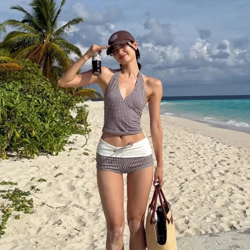 Bañador de Dos Piezas para Mujer | Top Halter y Short de Cuadros Vichy de Cintura Alta