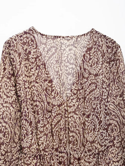 Vestido Midi Estampado para Mujer | Vestido Vintage de Manga Larga y Escote en V