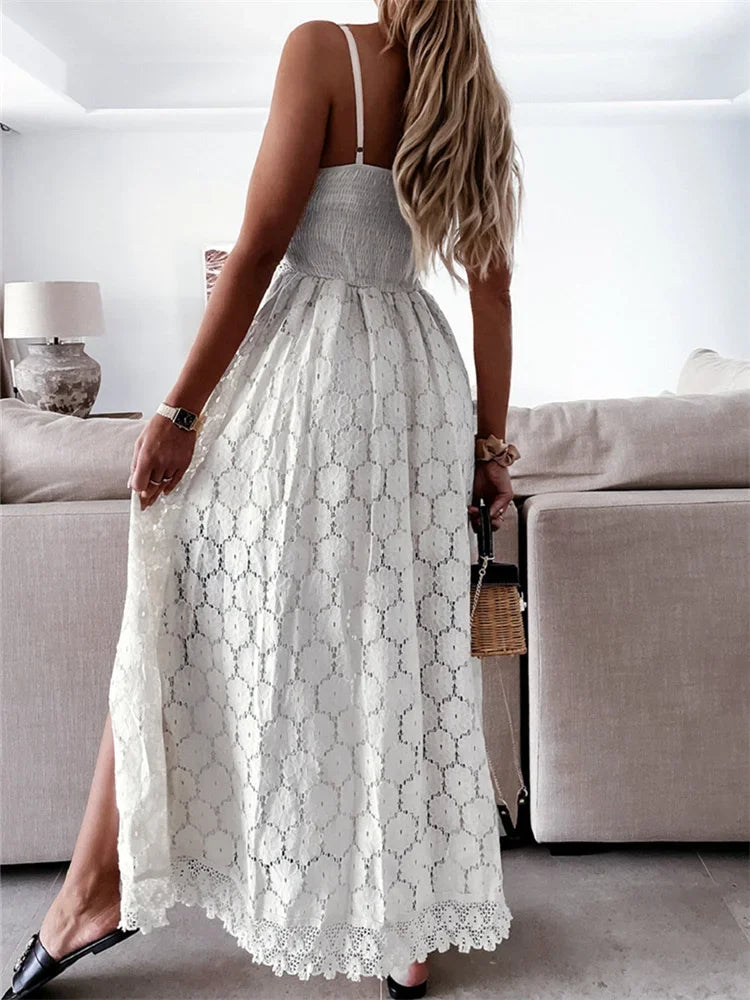 Vestido Midi de Encaje para Mujer | Vestido Calado sin Mangas con Escote en V