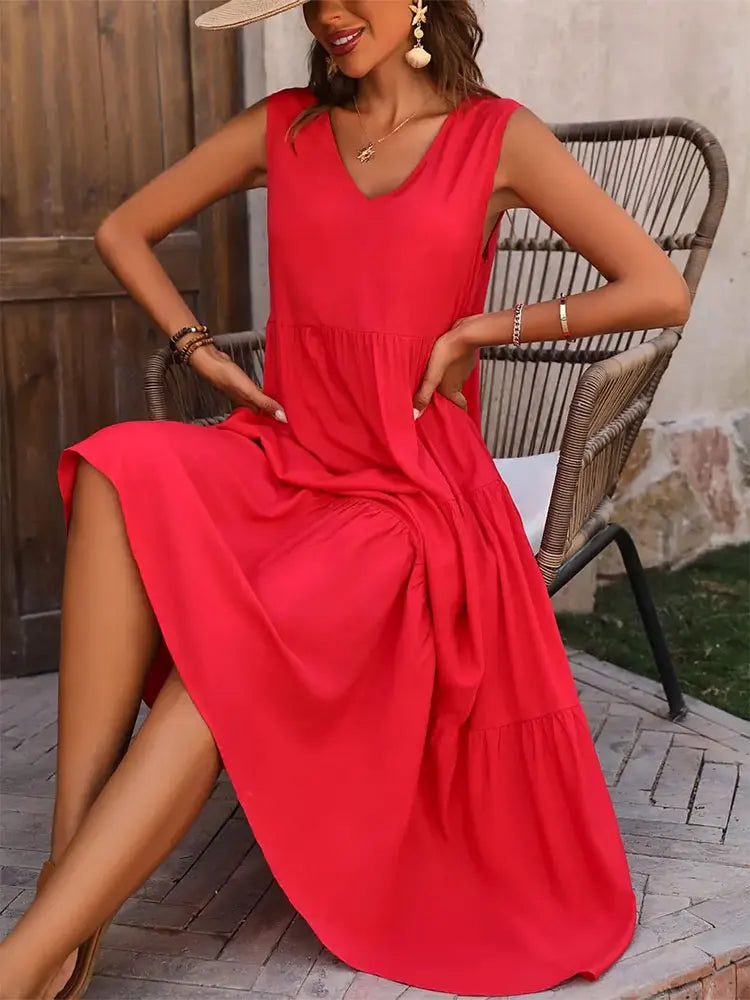 Vestido Midi Evasé para Mujer | Vestido de Verano Liso sin Mangas con Escote en V