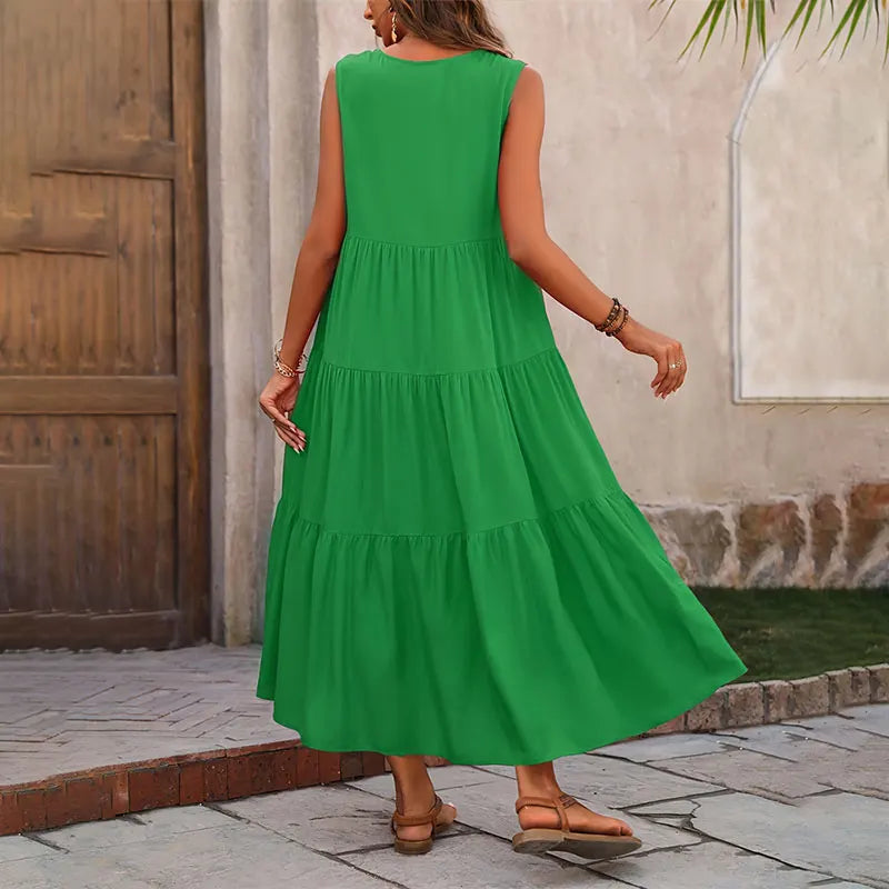 Vestido Midi Evasé para Mujer | Vestido de Verano Liso sin Mangas con Escote en V