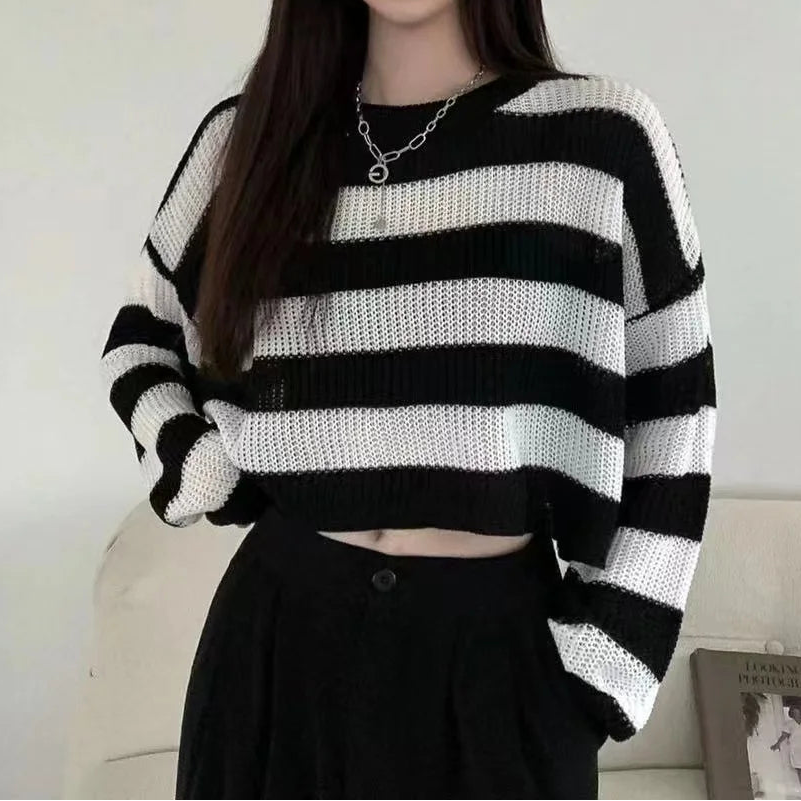 Jersey Crop de Rayas Blanco para Mujer | Punto Oversize