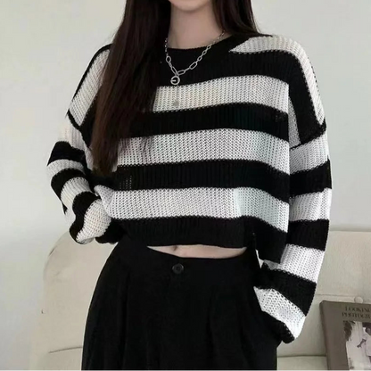 Jersey Crop de Rayas Blanco para Mujer | Punto Oversize