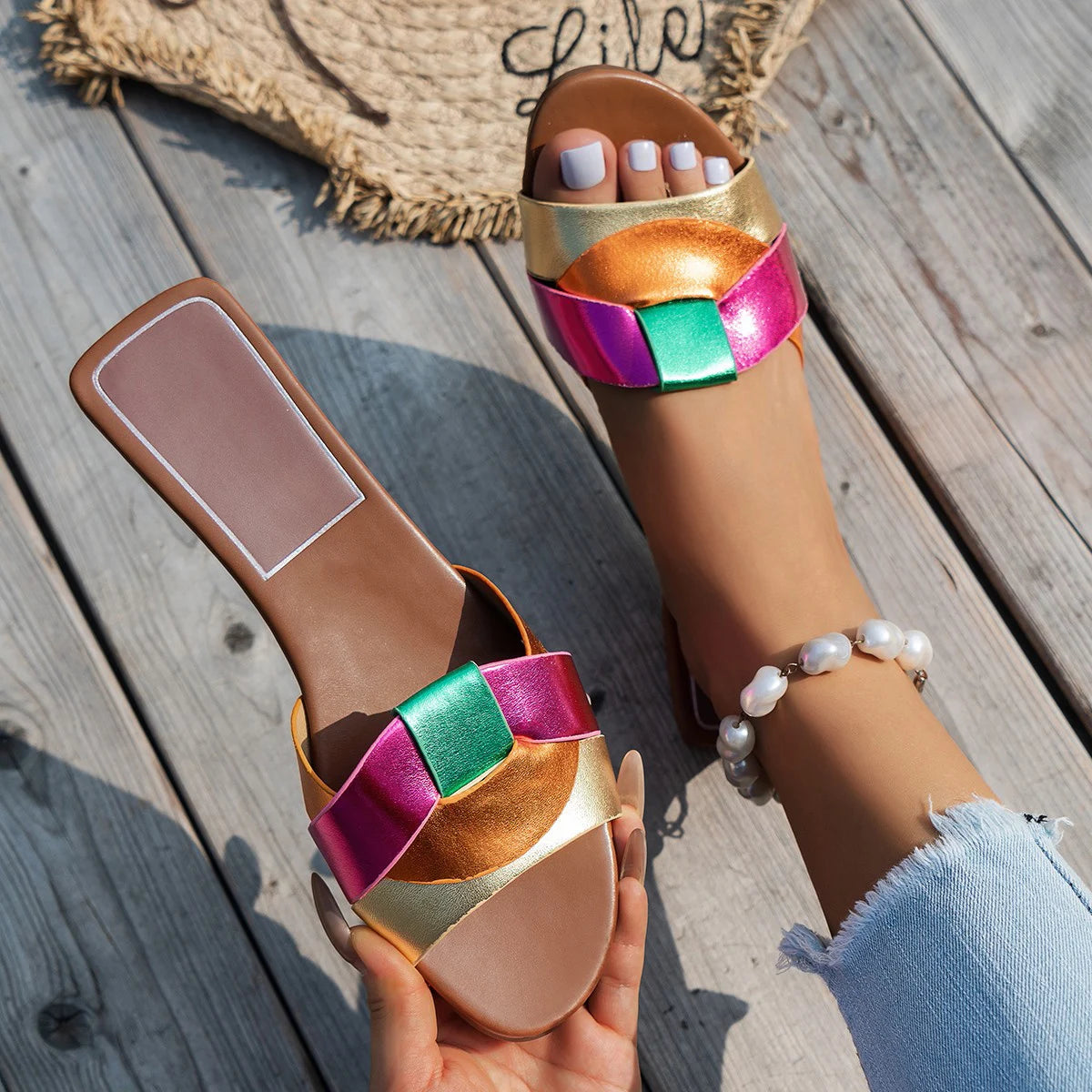 Sandalias Planas para Mujer | Sandalias de Verano de Rejilla Tejida Cómodas