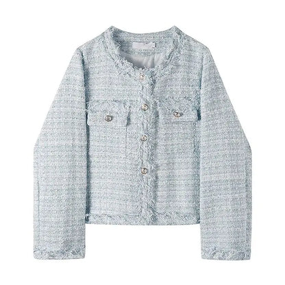 Chaqueta Tweed con Flecos para Mujer | Chaqueta Corta con Botones Dorados