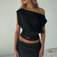 Top de Encaje para Mujer | Camiseta Semitransparente de Verano Asimétrica