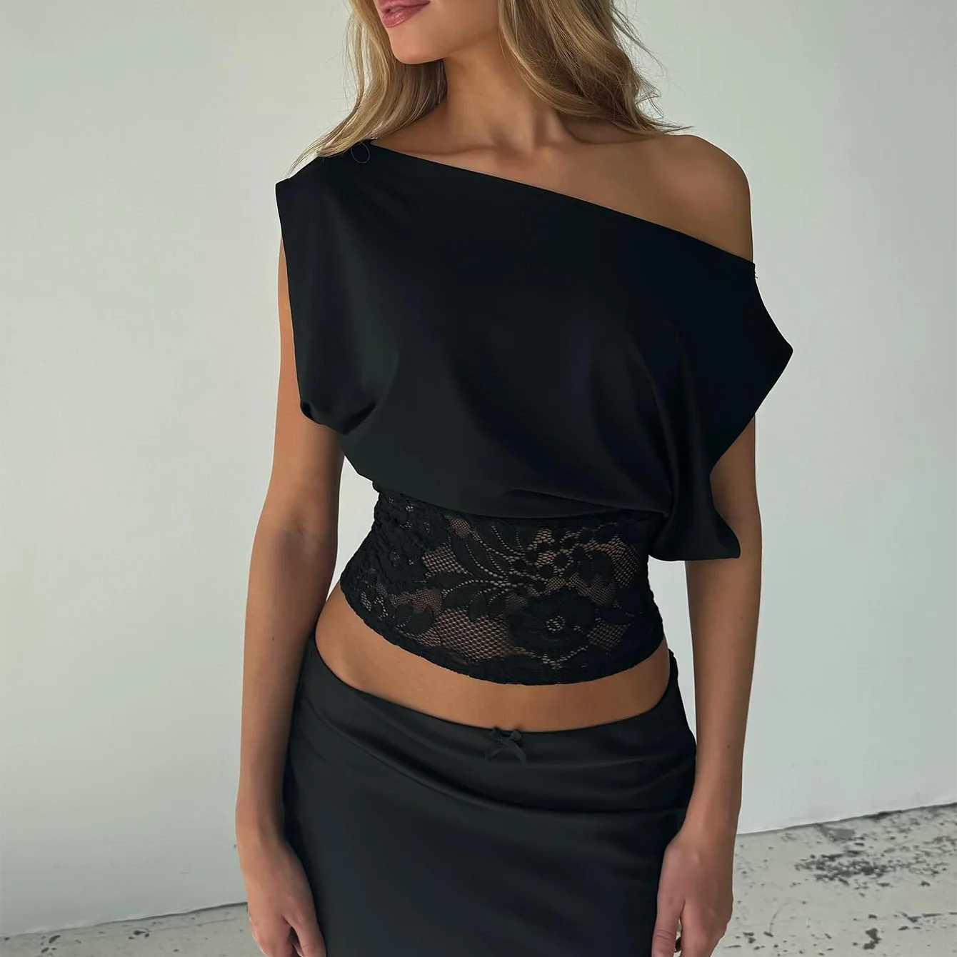 Top de Encaje para Mujer | Camiseta Semitransparente de Verano Asimétrica