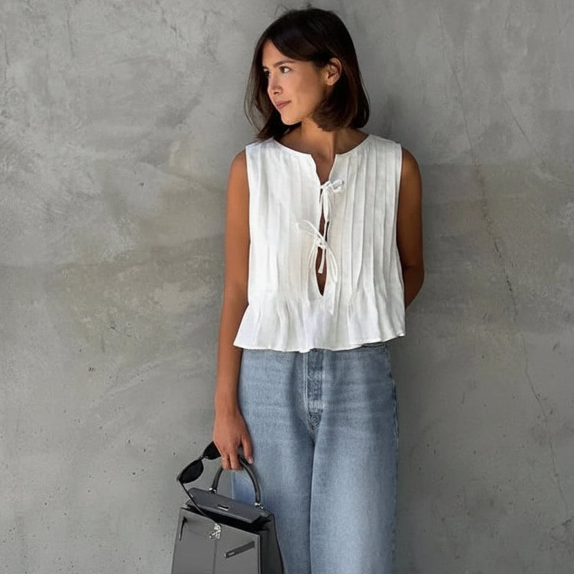 Blusa de Lino para Mujer | Top sin Mangas con Lazo y Calado