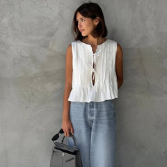 Blusa de Lino para Mujer | Top sin Mangas con Lazo y Calado