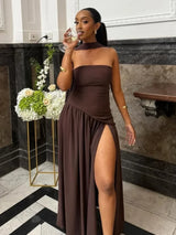 Vestido Largo Palabra de Honor para Mujer | Maxi Plisado de Verano con Abertura