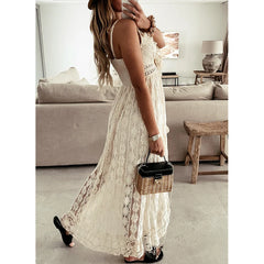 Vestido Largo de Encaje para Mujer | Maxi Boho de Verano sin Mangas con Volantes