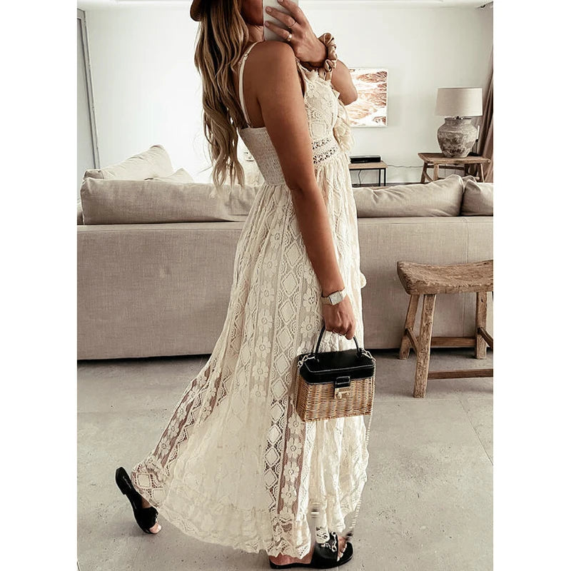 Vestido Largo de Encaje para Mujer | Maxi Boho de Verano sin Mangas con Volantes