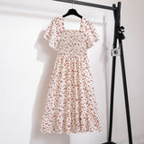 Vestido Midi Fruncido Floral para Mujer | Vestido de Verano Escote Cuadrado