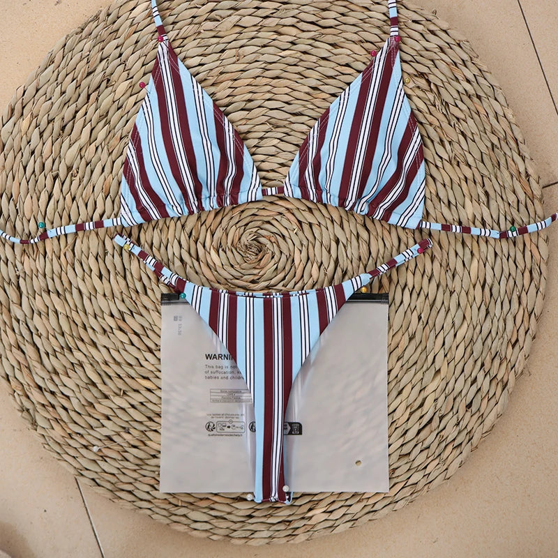 Bikini de Rayas para Mujer | Bañador Triangular de Dos Piezas de Verano
