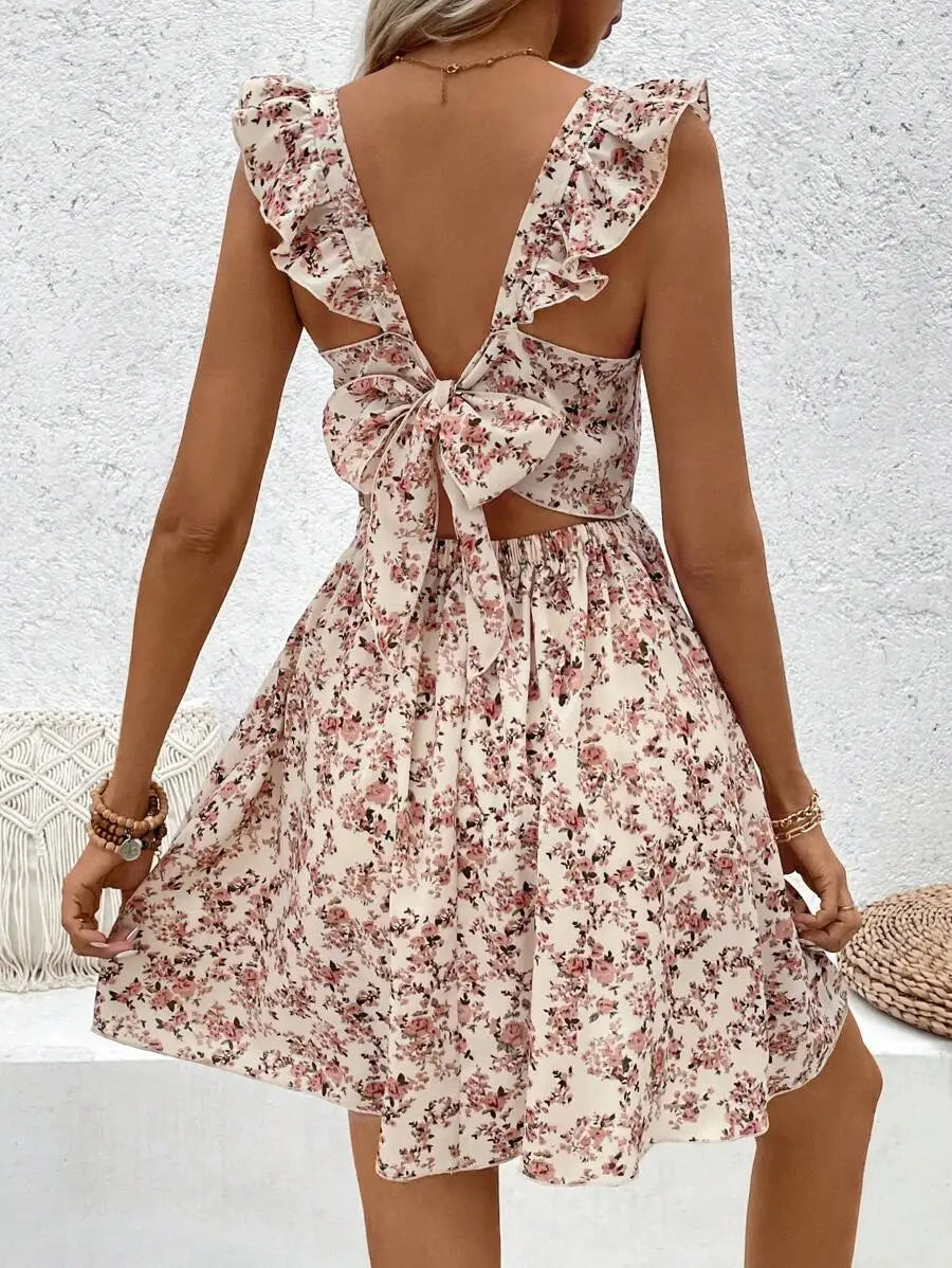 Vestido Corto Floral para Mujer | Volantes y Manga Mariposa, Estampado de Verano