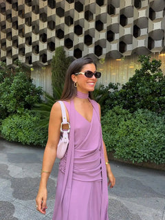 Vestido Largo de Gasa para Mujer | Cuello Halter y Cintura Plisada, Verano