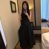 Vestido Largo Negro para Mujer | Escote Redondo, Sin Mangas con Bolsillos, Verano