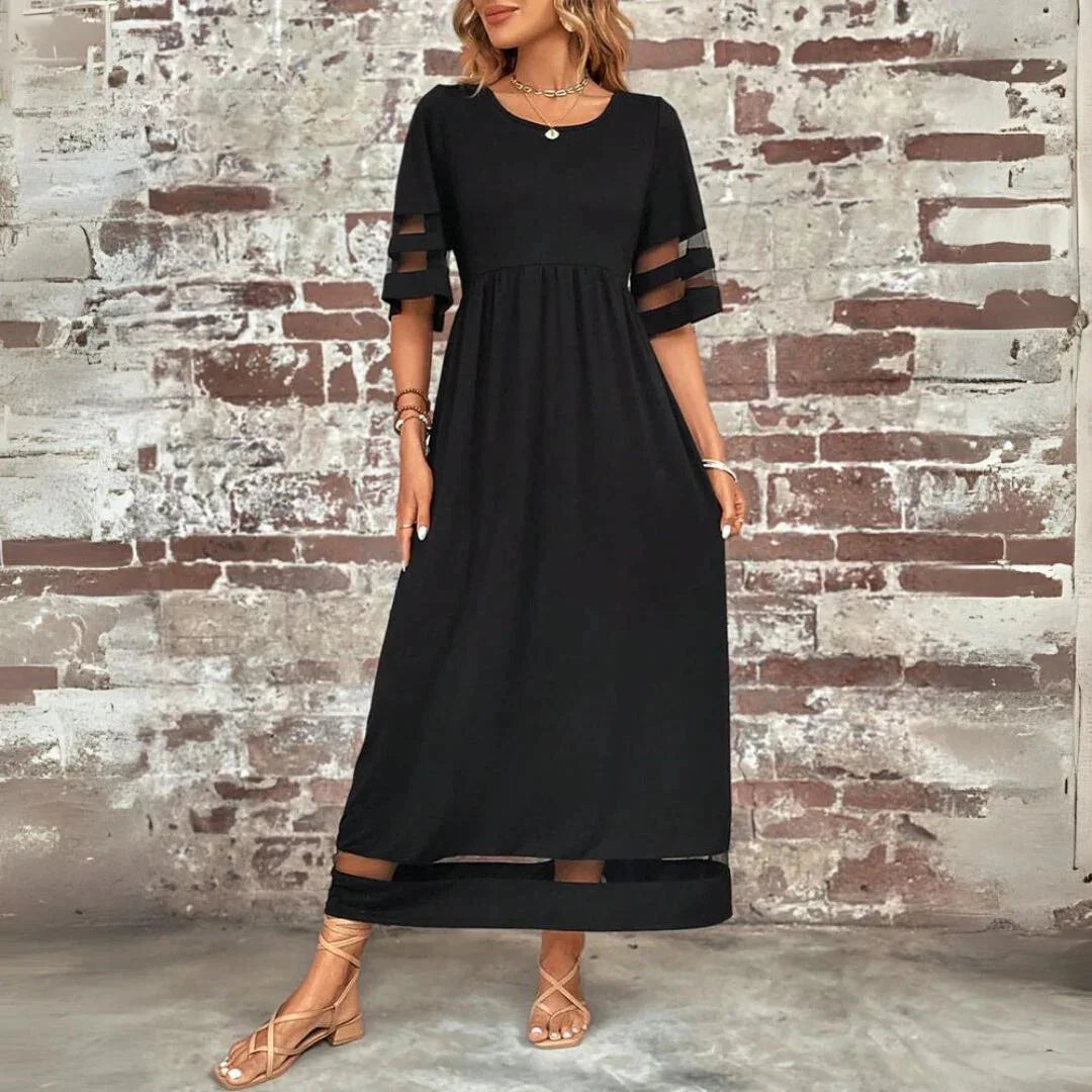 Vestido Largo para Mujer | Vestido Casual de Media Manga con Franjas de Tul y Bolsillos
