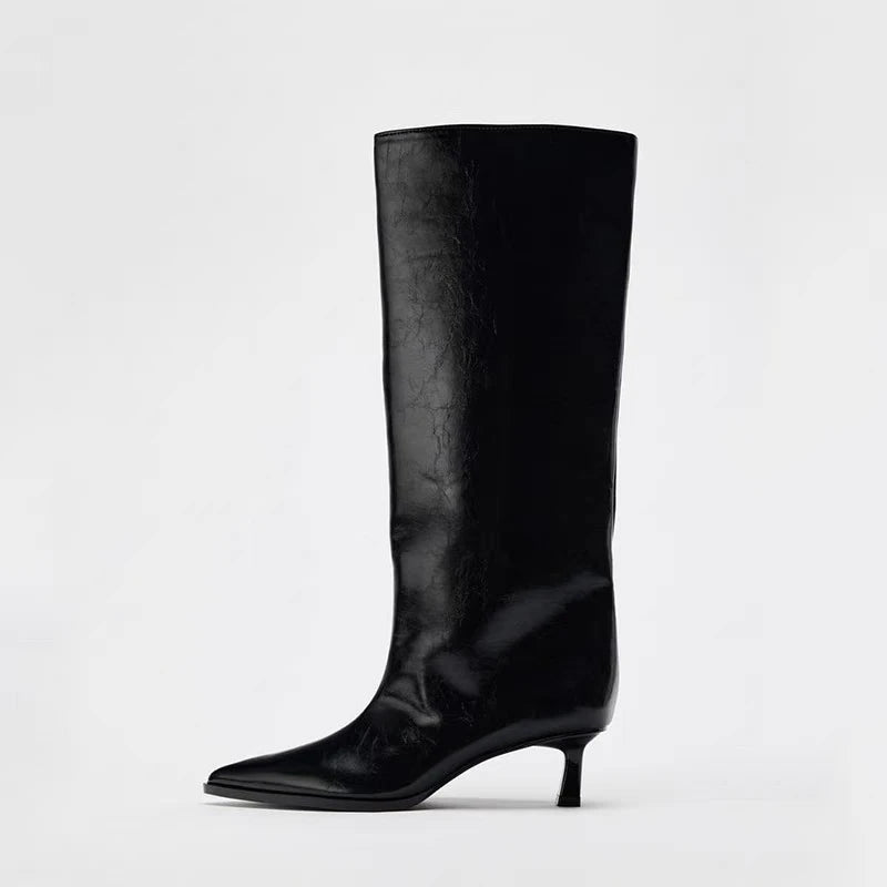 Botas Altas Negras para Mujer | Botas de Punta Fina de Otoño Tacón Fino